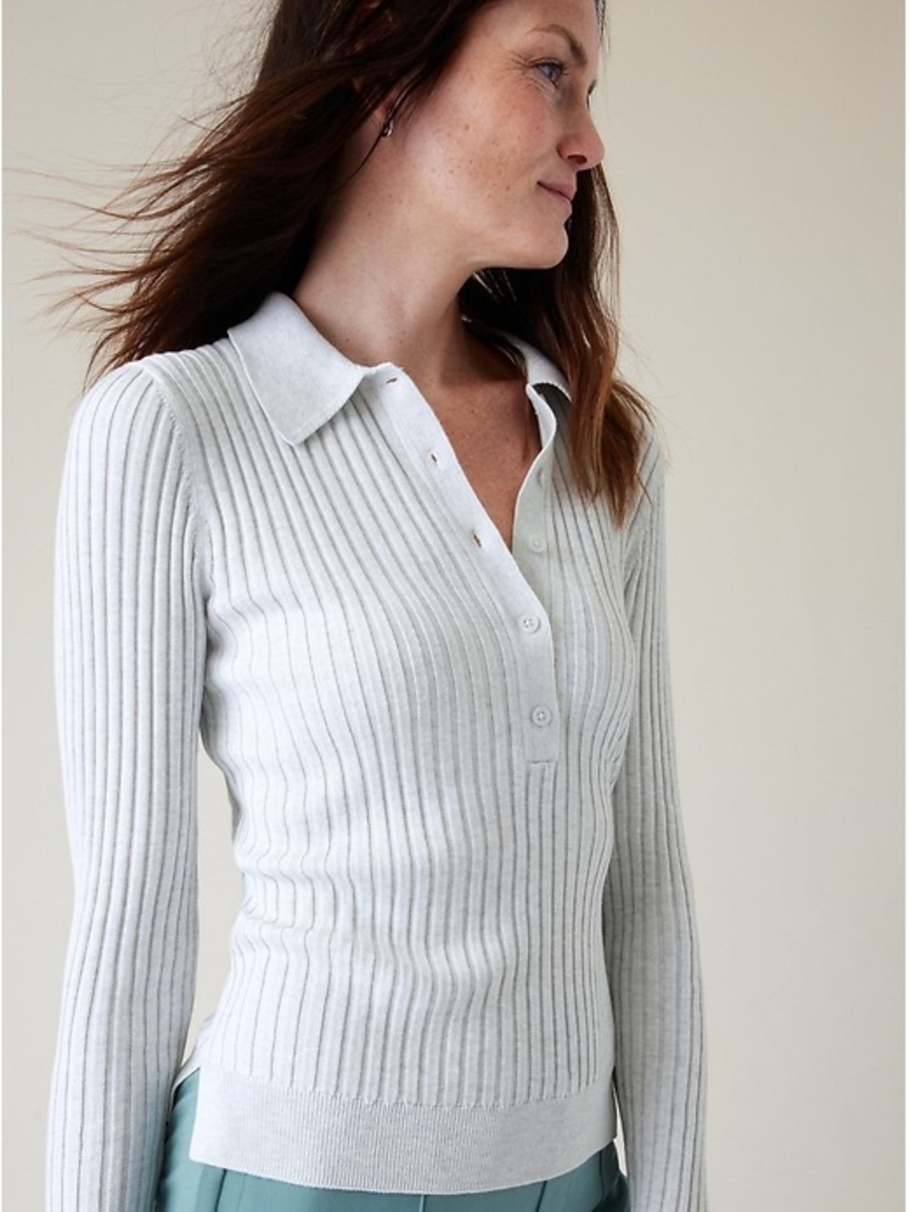 Athleta Bay Henley Light Gray Ribbed Polo-Style Knit Sweater Size Large